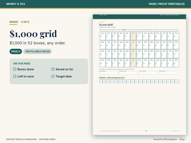 May include: A digital savings tracker page titled $1,000 grid with 52 boxes to color in. The layout includes sections for boxes done, saved so far, left to save, and target date, with a progress bar at the bottom for tracking $20 increments.