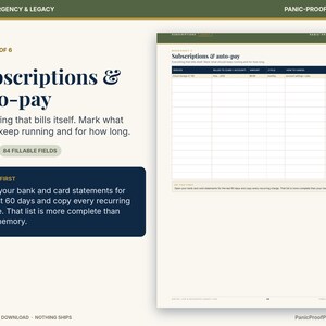 May include: A digital printable worksheet titled Subscriptions & auto-pay, featuring a table with columns for service, billing details, amount, cycle, cancellation instructions, and status. The document includes instructions to review bank statements.