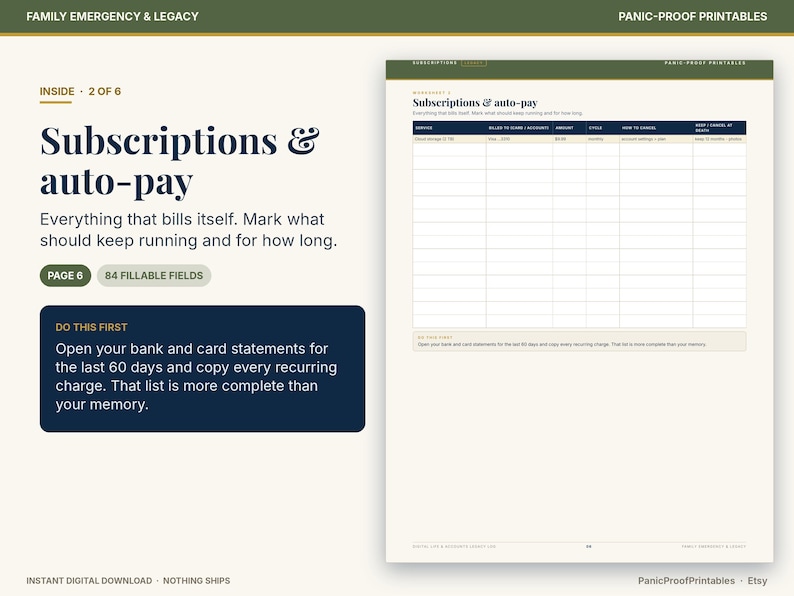 May include: A digital printable worksheet titled Subscriptions & auto-pay, featuring a table with columns for service, billing details, amount, cycle, cancellation instructions, and status. The document includes instructions to review bank statements.
