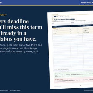 Puede incluir: Una p&aacute;gina de planificador digital titulada Syllabus Decode Sheet con columnas para curso, elemento de calificaci&oacute;n, fecha de entrega, porcentaje y estado. El dise&ntilde;o incluye una tabla para el seguimiento de tareas y notas.
