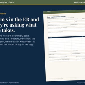 May include: A digital printable medical summary form on a dark blue background. The document features fields for personal information, emergency contacts, medications, and medical history, titled One-page medical summary at the top.