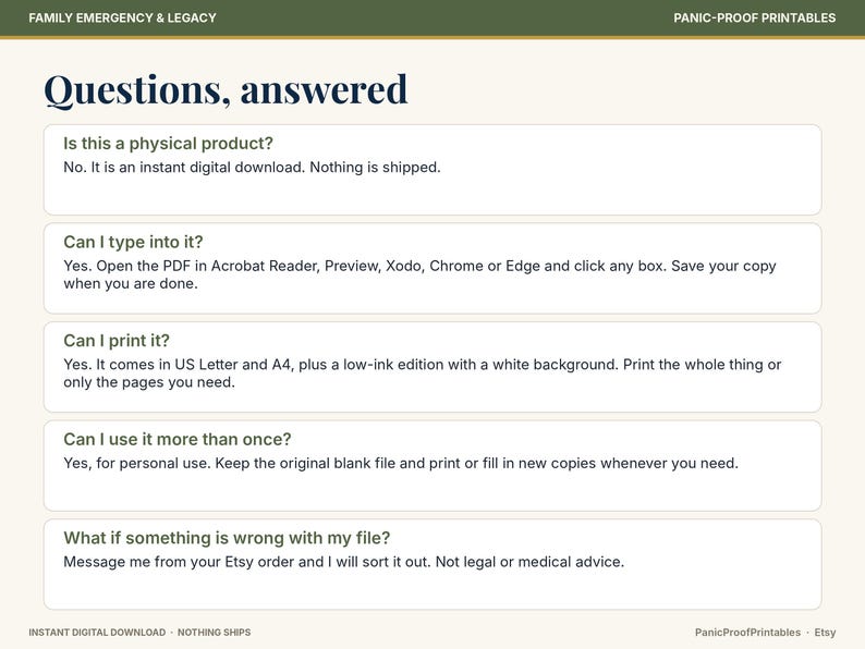 May include: A digital information sheet titled Questions, answered with a dark green header reading FAMILY EMERGENCY & LEGACY and PANIC-PROOF PRINTABLES. It lists five FAQs regarding digital download usage, printing, and file support.