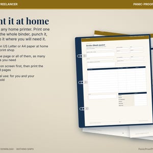 May include: A digital invoice template for business and freelancers, featuring a dark blue binder frame, cream-colored paper, and black text. The document includes fields for invoice number, date, client details, and a table for itemized billing.