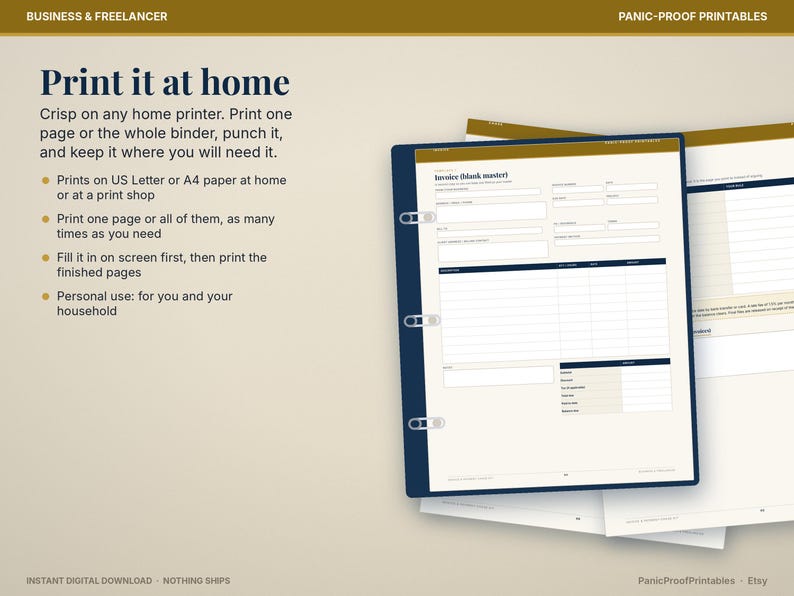 May include: A digital invoice template for business and freelancers, featuring a dark blue binder frame, cream-colored paper, and black text. The document includes fields for invoice number, date, client details, and a table for itemized billing.