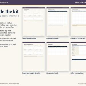 May include: A career and job search printable kit featuring six pages including a weekly dashboard, applications log, contacts and referrals tracker, interview prep and debrief, six stories bank, and an offer comparison grid with negotiation notes.