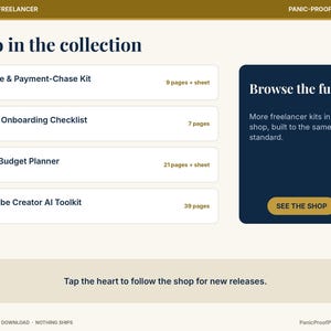 May include: A digital collection menu titled Also in the collection featuring an Invoice & Payment-Chase Kit, Client Onboarding Checklist, 2027 Budget Planner, and YouTube Creator AI Toolkit, with a dark blue box to browse the full set.