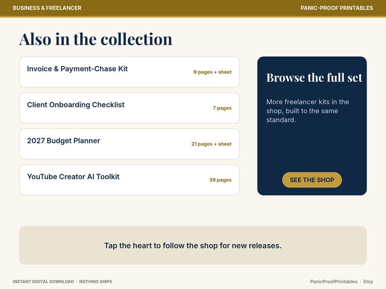 May include: A digital collection menu titled Also in the collection featuring an Invoice & Payment-Chase Kit, Client Onboarding Checklist, 2027 Budget Planner, and YouTube Creator AI Toolkit, with a dark blue box to browse the full set.