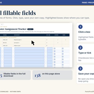Puede incluir: Una plantilla digital de seguimiento de tareas con campos rellenables, un encabezado azul oscuro y cuadros de entrada azul claro. El dise&ntilde;o incluye instrucciones para hacer clic, escribir y guardar, con 5,275 campos rellenables.