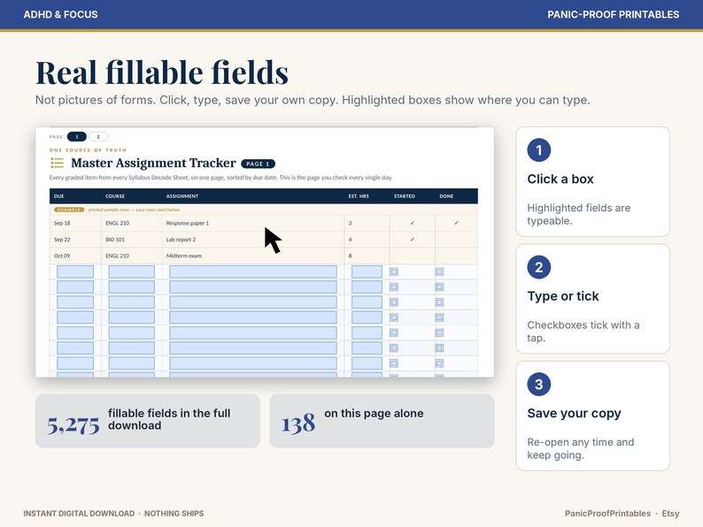 Puede incluir: Una plantilla digital de seguimiento de tareas con campos rellenables, un encabezado azul oscuro y cuadros de entrada azul claro. El dise&ntilde;o incluye instrucciones para hacer clic, escribir y guardar, con 5,275 campos rellenables.