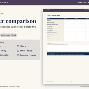 May include: A digital printable worksheet titled Offer comparison with 34 fillable fields. The page includes a table for comparing job offers, a section for negotiation notes, and a footer with the text Panic-Proof Printables.