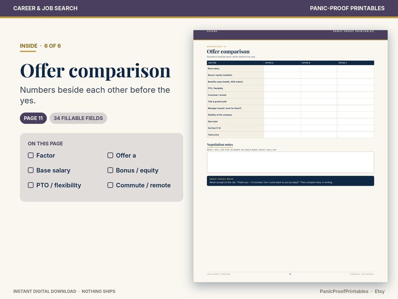 May include: A digital printable worksheet titled Offer comparison with 34 fillable fields. The page includes a table for comparing job offers, a section for negotiation notes, and a footer with the text Panic-Proof Printables.