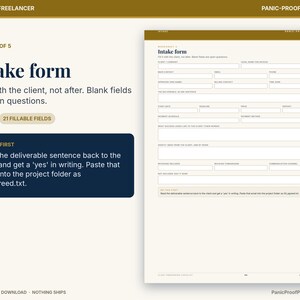 May include: A digital intake form template featuring a header labeled Intake form, followed by fields for client information, project details, and payment terms. The document includes instructions to fill it with the client and 21 fillable fields.