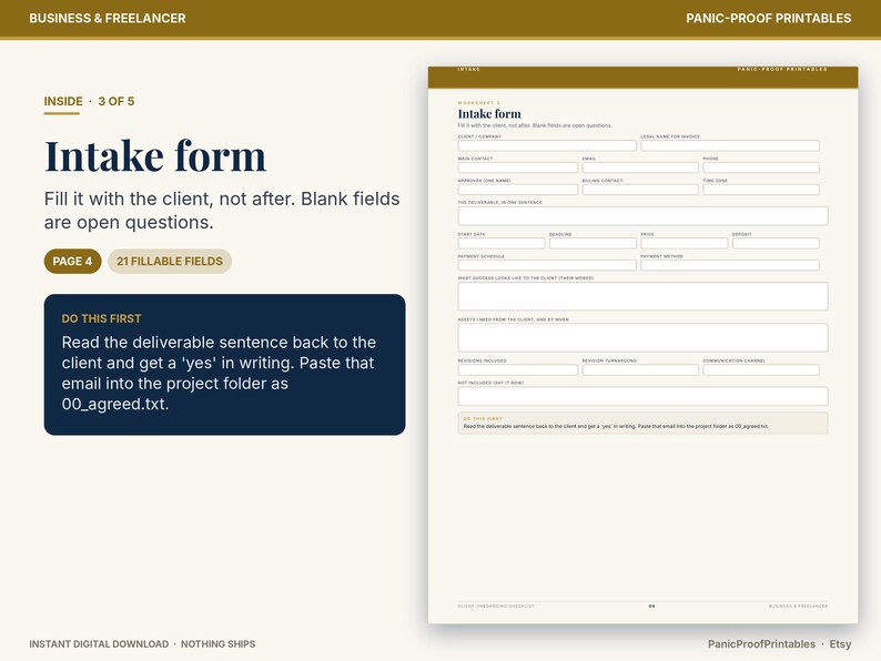 May include: A digital intake form template featuring a header labeled Intake form, followed by fields for client information, project details, and payment terms. The document includes instructions to fill it with the client and 21 fillable fields.