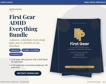 Puede incluir: Un paquete digital de TDAH y enfoque con una cubierta azul oscuro y texto dorado First Gear. El documento incluye un planificador diario de 16 páginas, un manual de 24 páginas, páginas de notas y 30 listas de verificación para organizar.