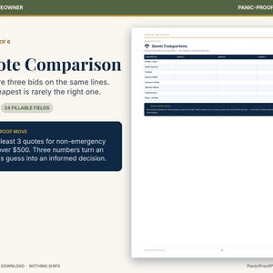 Puede incluir: Un documento digital imprimible titulado Quote Comparison, que presenta una tabla para comparar tres presupuestos de contratistas. La p&aacute;gina incluye instrucciones, 24 campos rellenables y un recuadro azul oscuro con consejos sobre presupuestos de m&aacute;s de 500 $.