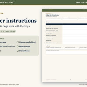 May include: A printable sitter instructions document featuring a dark green header with the text Family Emergency & Legacy and Panic-Proof Printables. The page includes fields for dates away, owner contact, house notes, and authority information.