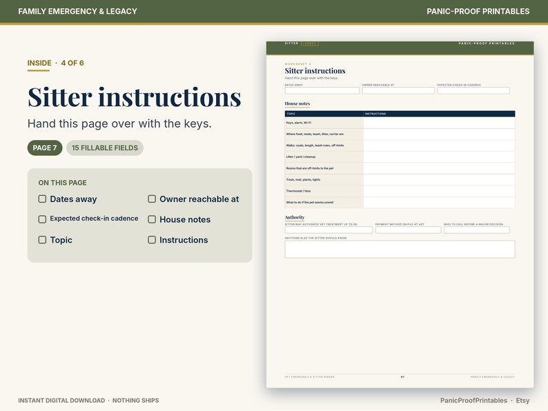May include: A printable sitter instructions document featuring a dark green header with the text Family Emergency & Legacy and Panic-Proof Printables. The page includes fields for dates away, owner contact, house notes, and authority information.
