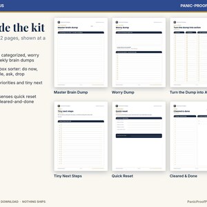 Puede incluir: Un kit de planificador digital con seis p&aacute;ginas imprimibles tituladas Master Brain Dump, Worry Dump, Turn the Dump into Action, Tiny Next Steps, Quick Reset y Cleared & Done. El dise&ntilde;o incluye listas, casillas y encabezados.