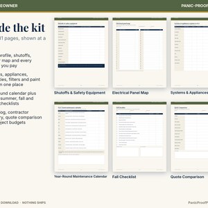 May include: A digital home maintenance kit featuring 31 pages, with 6 displayed: Shutoffs & Safety Equipment, Electrical Panel Map, Systems & Appliances Register, Year-Round Maintenance Calendar, Fall Checklist, and Quote Comparison.