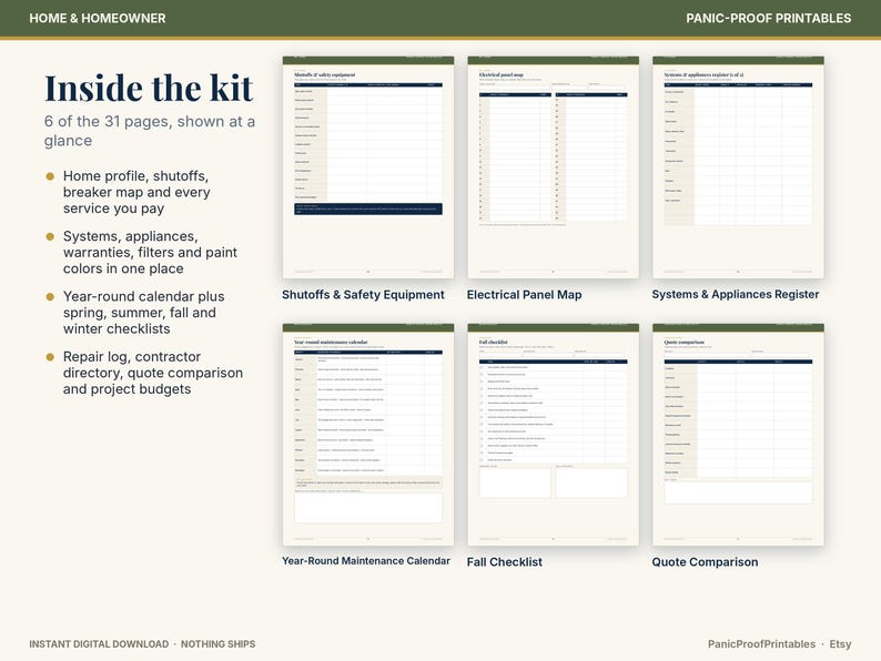 May include: A digital home maintenance kit featuring 31 pages, with 6 displayed: Shutoffs & Safety Equipment, Electrical Panel Map, Systems & Appliances Register, Year-Round Maintenance Calendar, Fall Checklist, and Quote Comparison.