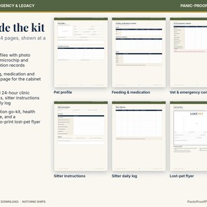 May include: A digital printable kit titled Family Emergency & Legacy and Panic-Proof Printables, featuring six pages including pet profiles, feeding and medication schedules, vet and emergency contacts, sitter instructions, a daily log, and a lost-pet flyer.