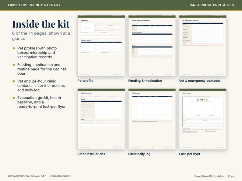 May include: A digital printable kit titled Family Emergency & Legacy and Panic-Proof Printables, featuring six pages including pet profiles, feeding and medication schedules, vet and emergency contacts, sitter instructions, a daily log, and a lost-pet flyer.
