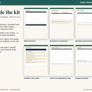 May include: A digital financial planning kit featuring 6 of 14 pages including debt inventory, snowball vs avalanche, monthly payment plan, creditor call scripts, call and correspondence log, and progress tracker with text labels for each.
