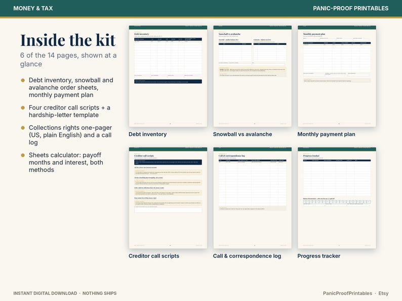May include: A digital financial planning kit featuring 6 of 14 pages including debt inventory, snowball vs avalanche, monthly payment plan, creditor call scripts, call and correspondence log, and progress tracker with text labels for each.