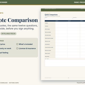 May include: A digital printable page titled Quote Comparison with a table for comparing three contractor quotes side by side. The form includes fields for total price, what is included, warranty, and license and insurance verification.