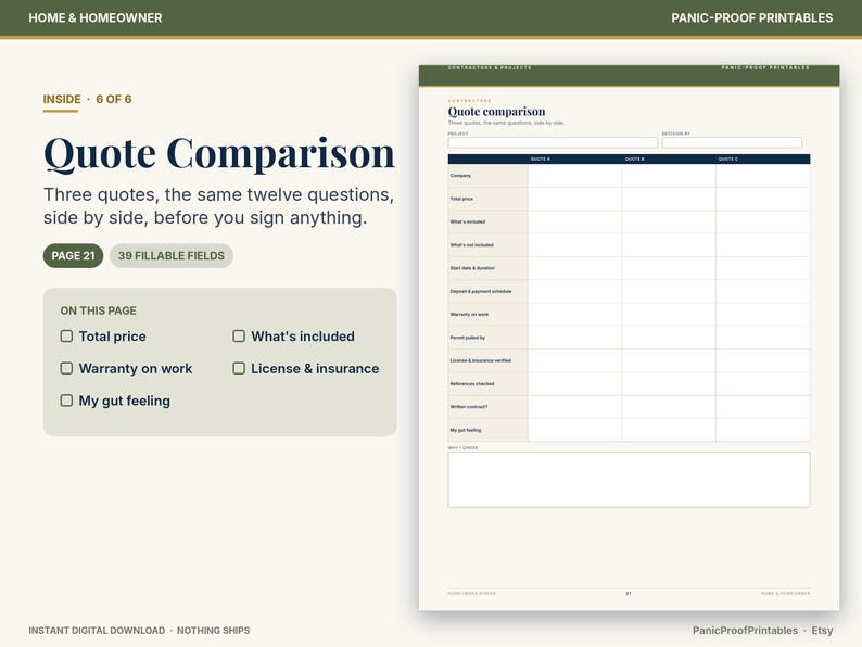 May include: A digital printable page titled Quote Comparison with a table for comparing three contractor quotes side by side. The form includes fields for total price, what is included, warranty, and license and insurance verification.