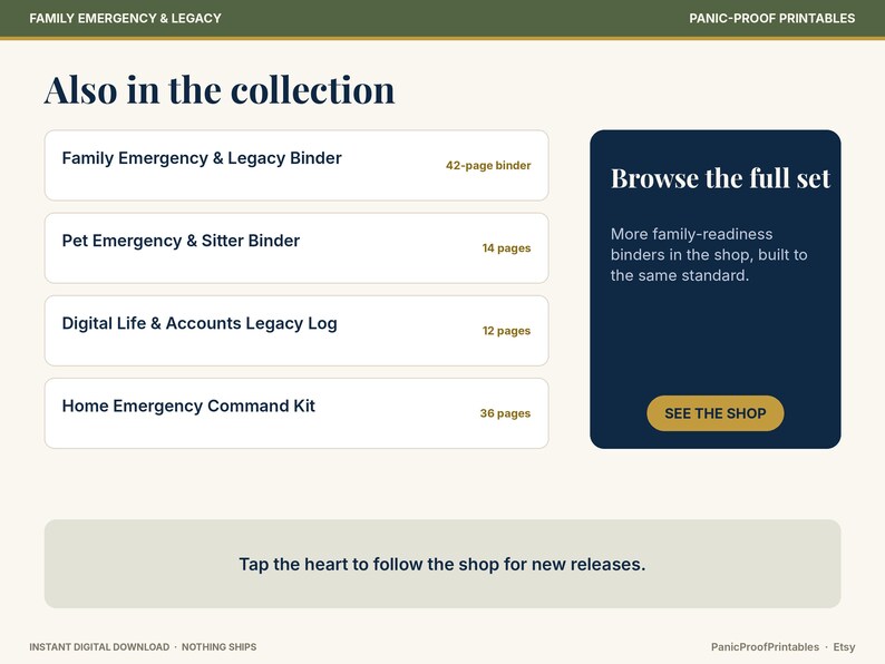 May include: A digital product collection page titled Family Emergency & Legacy Panic-Proof Printables. It lists a 42-page Family Emergency & Legacy Binder, 14-page Pet Emergency & Sitter Binder, 12-page Digital Life & Accounts Legacy Log, and 36-page Home Emergency Command Kit.