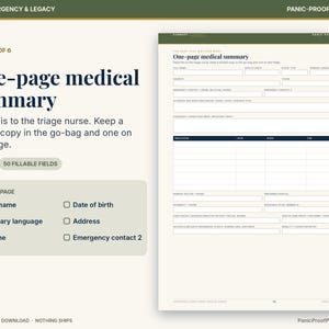 May include: A digital printable document titled One-page medical summary with 50 fillable fields. The layout includes sections for personal information, emergency contacts, allergies, medications, and medical history on a cream-colored background.
