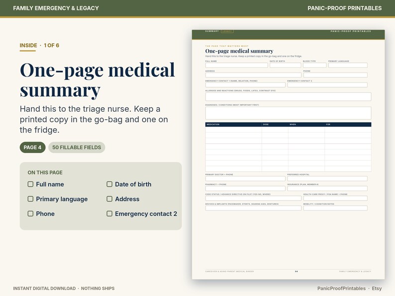 May include: A digital printable document titled One-page medical summary with 50 fillable fields. The layout includes sections for personal information, emergency contacts, allergies, medications, and medical history on a cream-colored background.