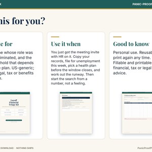 May include: A digital document titled Layoff Financial Triage Kit with three sections: Made for, Use it when, and Good to know. It outlines instructions for managing finances after job loss, including unemployment filing and health plan selection.