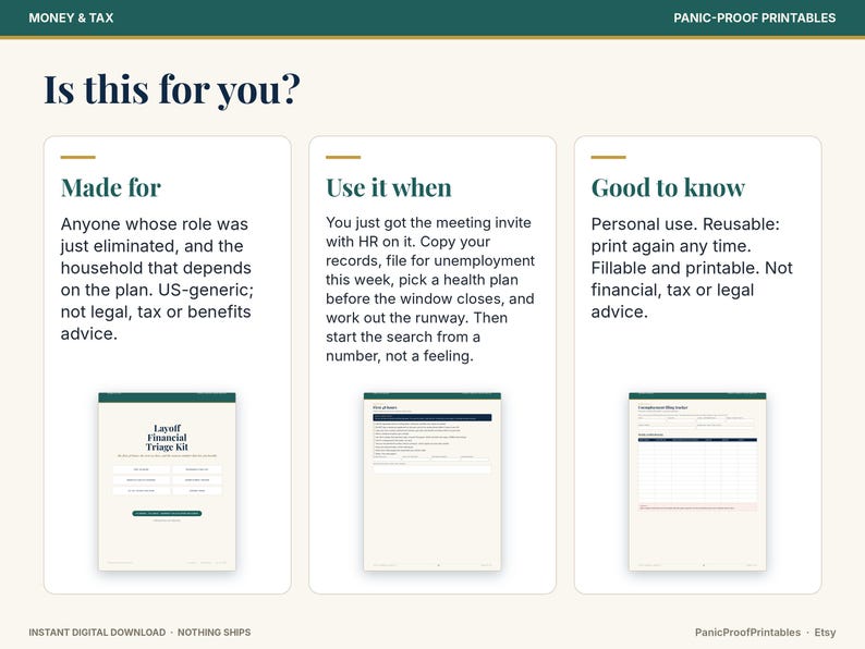 May include: A digital document titled Layoff Financial Triage Kit with three sections: Made for, Use it when, and Good to know. It outlines instructions for managing finances after job loss, including unemployment filing and health plan selection.