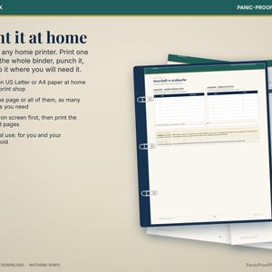 May include: A digital printable financial planner page titled Snowball vs Avalanche, displayed in a dark blue binder. The text includes Print it at home, Money & Tax, and Panic-Proof Printables. The layout features tables for debt tracking.