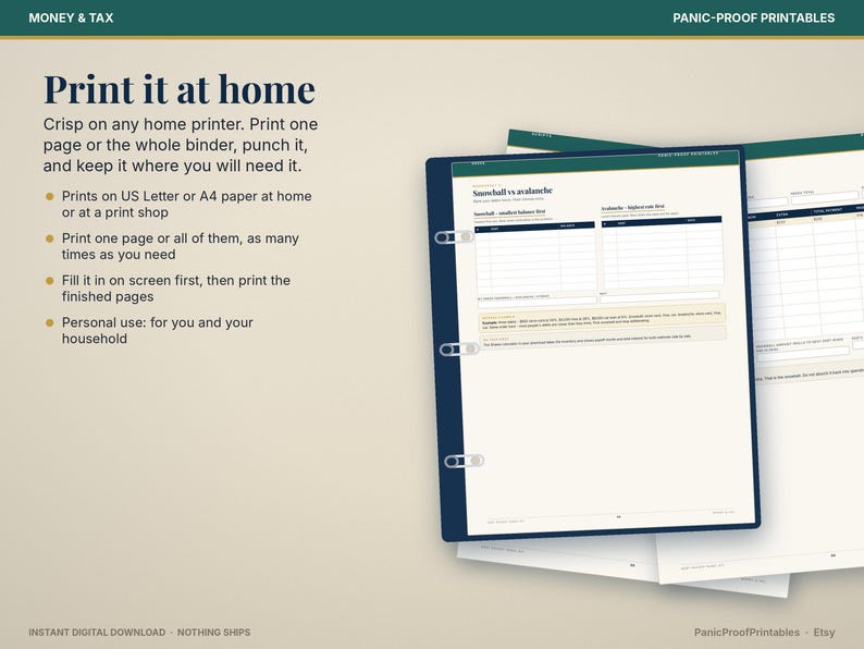 May include: A digital printable financial planner page titled Snowball vs Avalanche, displayed in a dark blue binder. The text includes Print it at home, Money & Tax, and Panic-Proof Printables. The layout features tables for debt tracking.