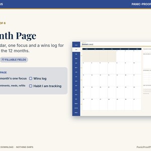 May include: A digital planner page titled Month Page with 77 fillable fields. The layout includes a calendar grid, a section for one focus, a wins log, and trackers for appointments, meds, refills, and habits. The design features blue accents.