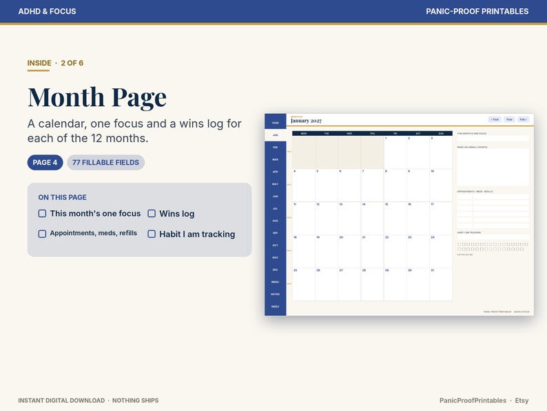May include: A digital planner page titled Month Page with 77 fillable fields. The layout includes a calendar grid, a section for one focus, a wins log, and trackers for appointments, meds, refills, and habits. The design features blue accents.