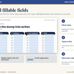 Puede incluir: Una p&aacute;gina de planificador digital titulada Turn the dump into action con cuatro columnas llamadas DO NOW, SCHEDULE, ASK / DELEGATE y DROP. El dise&ntilde;o presenta campos rellenables, casillas de verificaci&oacute;n e instrucciones para interactuar.