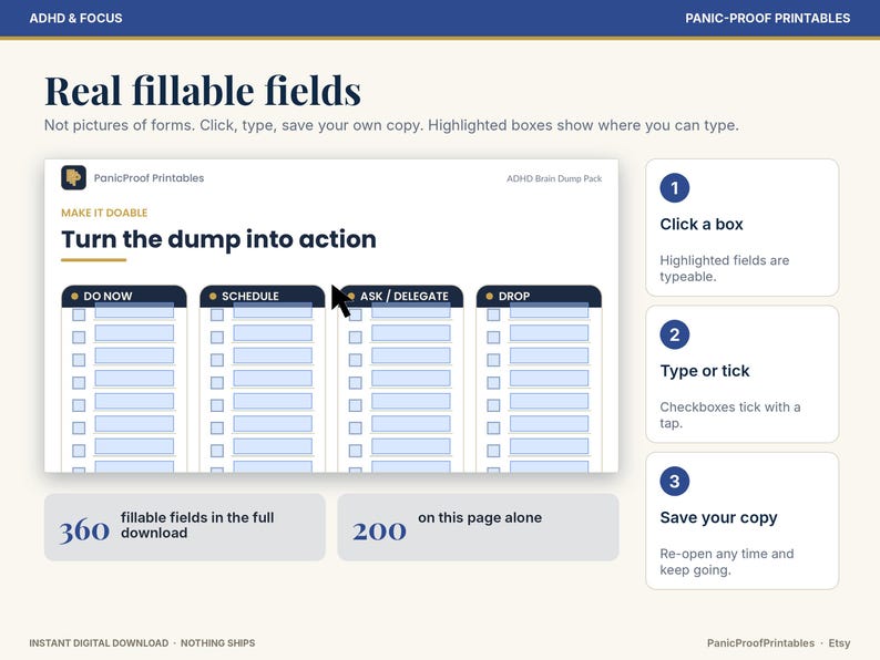 Puede incluir: Una p&aacute;gina de planificador digital titulada Turn the dump into action con cuatro columnas llamadas DO NOW, SCHEDULE, ASK / DELEGATE y DROP. El dise&ntilde;o presenta campos rellenables, casillas de verificaci&oacute;n e instrucciones para interactuar.