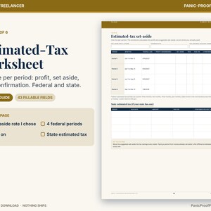 May include: A digital Estimated-Tax Worksheet template featuring a fillable guide with 43 fields. The document includes sections for federal and state tax set-asides, period dates, and confirmation details, organized in a clean, professional layout.