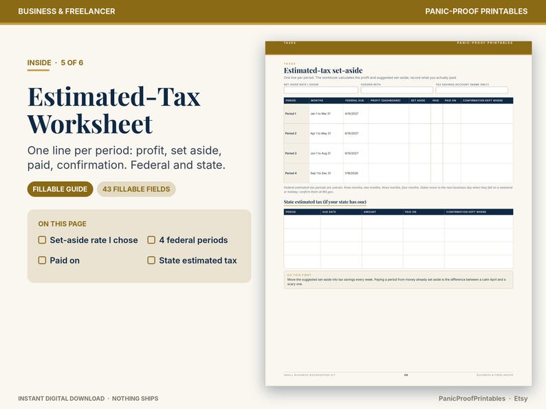 May include: A digital Estimated-Tax Worksheet template featuring a fillable guide with 43 fields. The document includes sections for federal and state tax set-asides, period dates, and confirmation details, organized in a clean, professional layout.