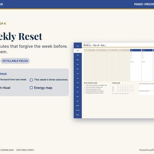 May include: A digital Weekly Reset planner page featuring a blue sidebar with navigation tabs, a beige main area with daily columns, checkboxes for tasks, a reset ritual section, and an energy map. Text includes Weekly Reset and 55 fillable fields.