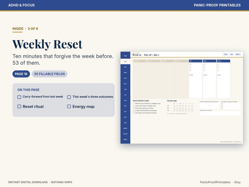 May include: A digital Weekly Reset planner page featuring a blue sidebar with navigation tabs, a beige main area with daily columns, checkboxes for tasks, a reset ritual section, and an energy map. Text includes Weekly Reset and 55 fillable fields.