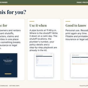 Puede incluir: Un conjunto de documentos digitales para un kit de emergencia en el hogar con tres secciones: Made for, Use it when y Good to know. Incluye una portada azul oscuro titulada Home Emergency Command Kit y dos p&aacute;ginas blancas con formularios rellenables para informaci&oacute;n del hogar.