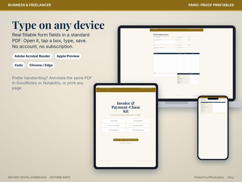 May include: A digital Invoice and Payment-Chase Kit displayed on a laptop, tablet, and smartphone. The screen text reads Type on any device, Real fillable form fields in a standard PDF, and Invoice and Payment-Chase Kit with software icons.