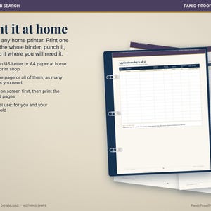 May include: A digital printable job application log template displayed in a dark blue binder. The page features a table with columns for date, company, role, and status. The text reads Print it at home, Career & Job Search, and Panic-Proof Printables.
