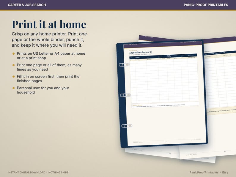 May include: A digital printable job application log template displayed in a dark blue binder. The page features a table with columns for date, company, role, and status. The text reads Print it at home, Career & Job Search, and Panic-Proof Printables.