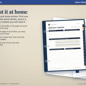 May include: A digital planner page titled Month plan + habit grid, displayed in a dark blue binder. The page features sections for goals, habits, and notes. Text includes ADHD & FOCUS, PANIC-PROOF PRINTABLES, and Print it at home.